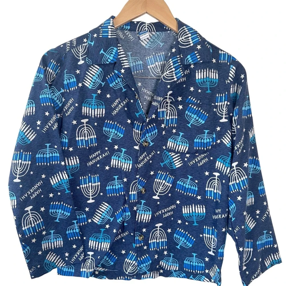 Old Navy Pajama Set Kids L 10-12 Blue Hanukkah Menorah Star Holiday Sleepwear